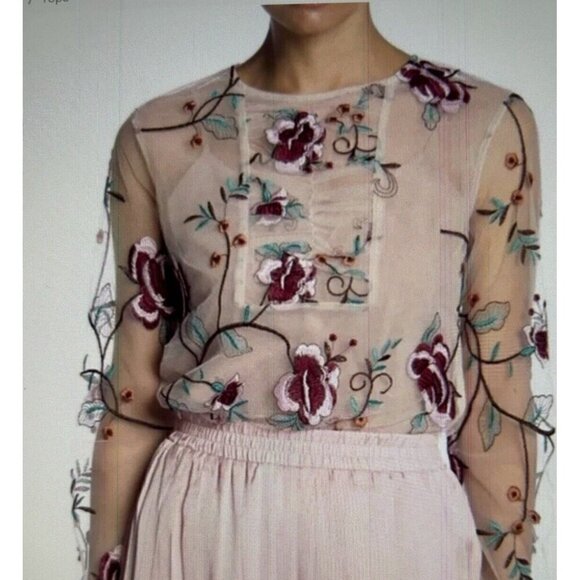 Endless Rose Long Sleeve Round Neck Embroidered Floral Mesh Top Beige/Red Size S - Picture 1 of 13